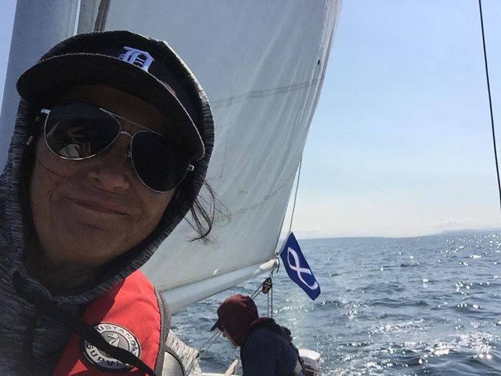 SMS & her partner Jeff Hilberry sailing in a 7 day race this week. We also flew the red hunt flag as we hunted for good winds!