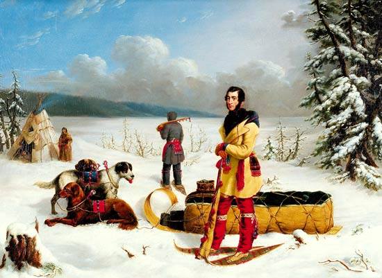 The Surveyor: Portrait of Captain John Henry Lefroy ca. 1845 by Paul Kane. Lefroy is wearing a Métis/voyageur outfit consisting of a capote, a sash, a fire bag, mittens on a string, leggings, garters and moccasins. His companion is also wearing a capote, a sash and a fire bag.