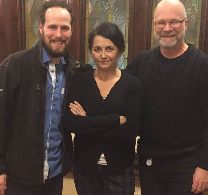 We were so busy with twelve actors and singers at our table read that we only had time for two photos! Simon Miron, Dramaturge, Dr. Suzanne Steele Librettist and Neil Weisensel, Composer in the first. Steele and Weisensel flanking Metis elder Jules Chartrand in the second. @ Winnipeg, Manitoba