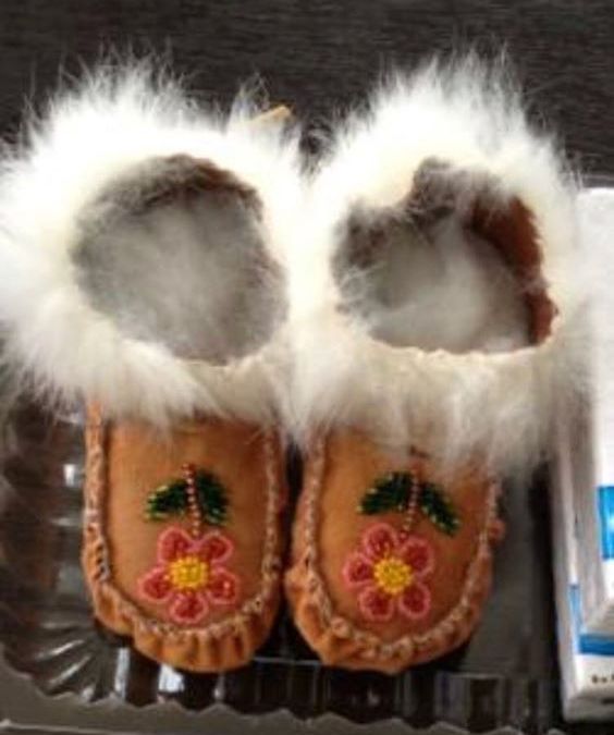 This photo was sent to me by Karin Nilsson Arcand. They are the last moccs. made by her then 95 year old mother-in-law Bella Arcand, mother to Fred Arcand. These moccs, as anyone who has ever knit, sewn, crocheted, done any kind of handwork for a loved one knows, are treasures. Each stitch is an act of beautiful love.
