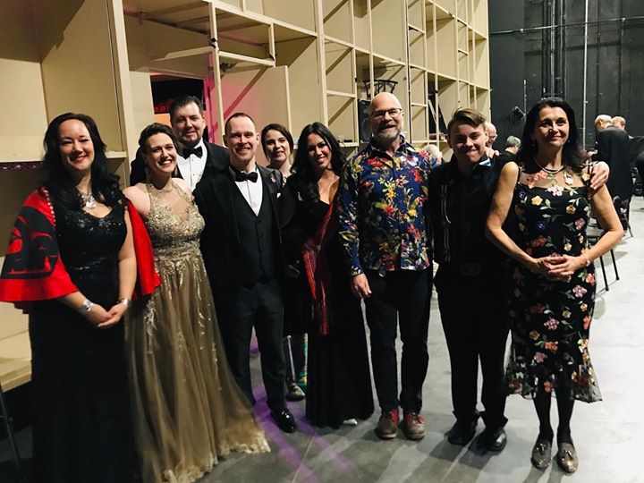The incredible world premiere cast of Riel’s Heart of the North with creative team Neil Weisensel and Suzanne Steele: from left, Marion Newman, Rebecca Cuddy, James Westman, James McLennan, Riva Farrell-Racette, Melody Courage, Weisensel, Jordan Daniels and Steele. Missing is Regina Symphony Orchestra Gordon Gerrard.