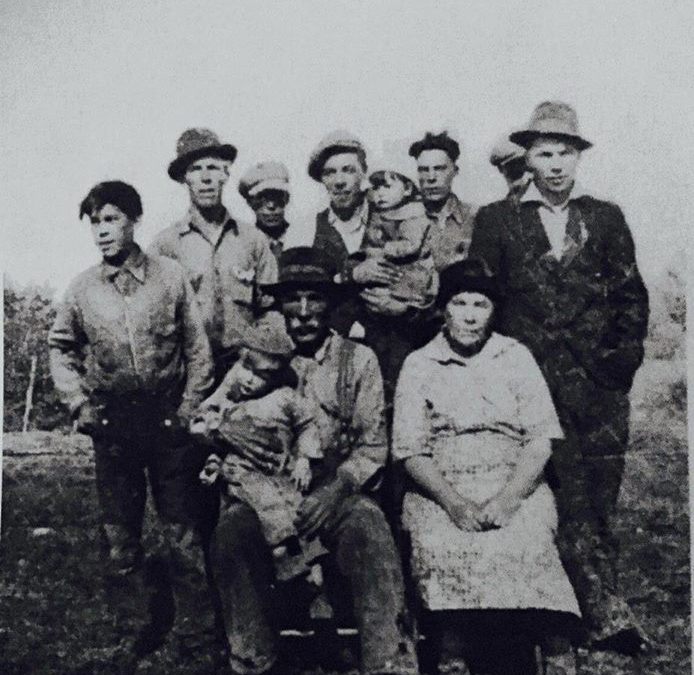 One of our great families, the Arcand Family about 1941 in Mattes, Saskatchewan area. Seated are parents Jean Baptiste (holding Eugene)and Helene L-R grandson Arcule, sons, George, Roger, Wilfred (holding Lillian) Victor (father of the great fiddler Jean-Baptiste (John Arcand!), Albert and Damas. This photo is reproduced with permission by the Arcand Family!!